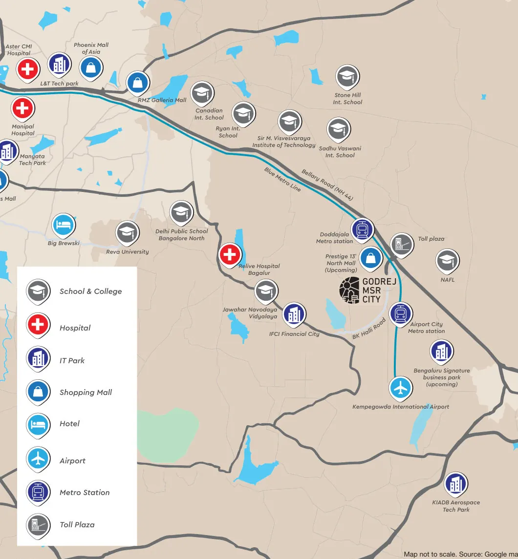 Illustrated location map showing Godrej MSR City near Doddajala metro, NH 44 and Kempegowda International Airport