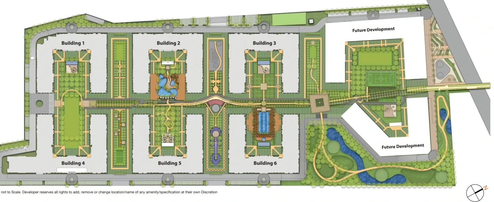 Master layout plan of Barca at Godrej MSR City showing buildings 1–6, amenity spine and future development